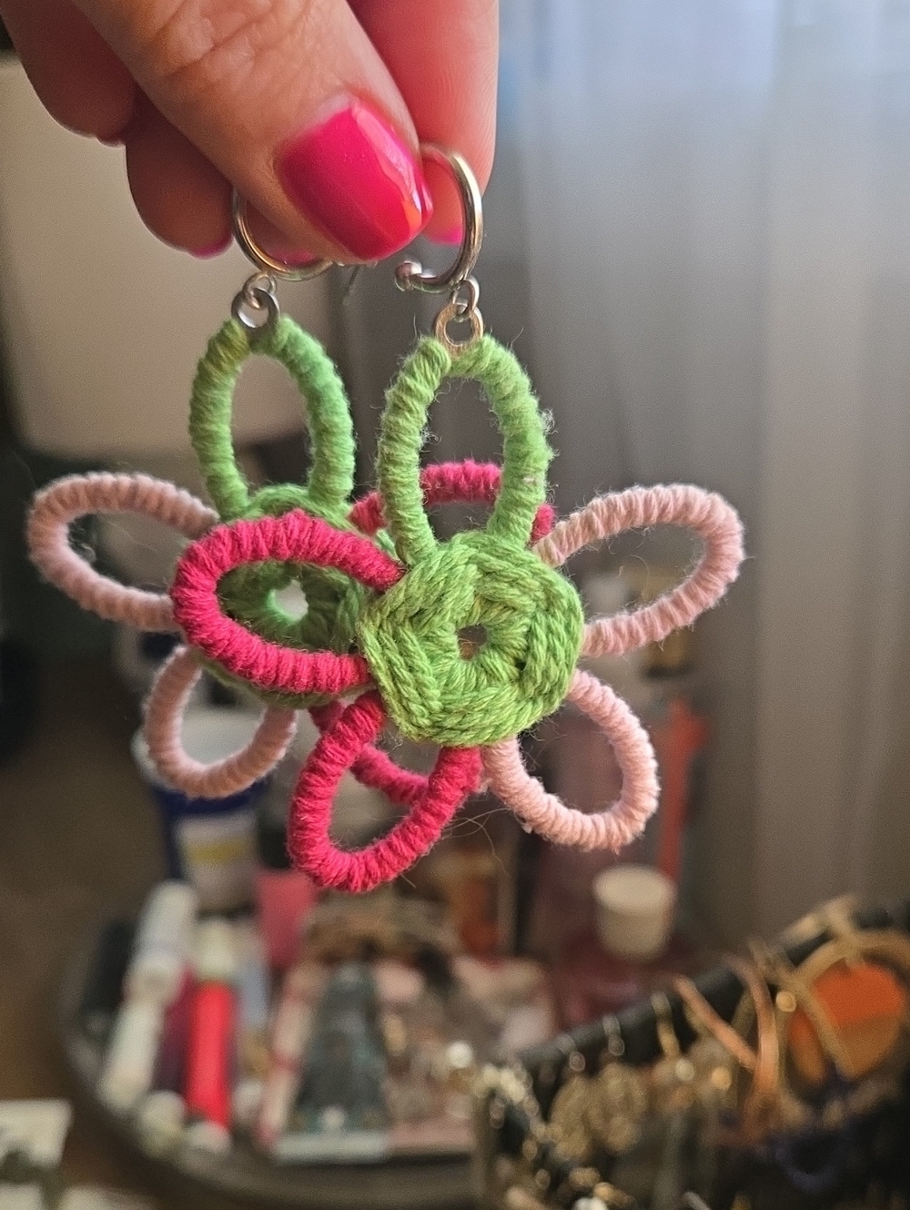 Handmade Floral Thread Earrings in Pink & Green